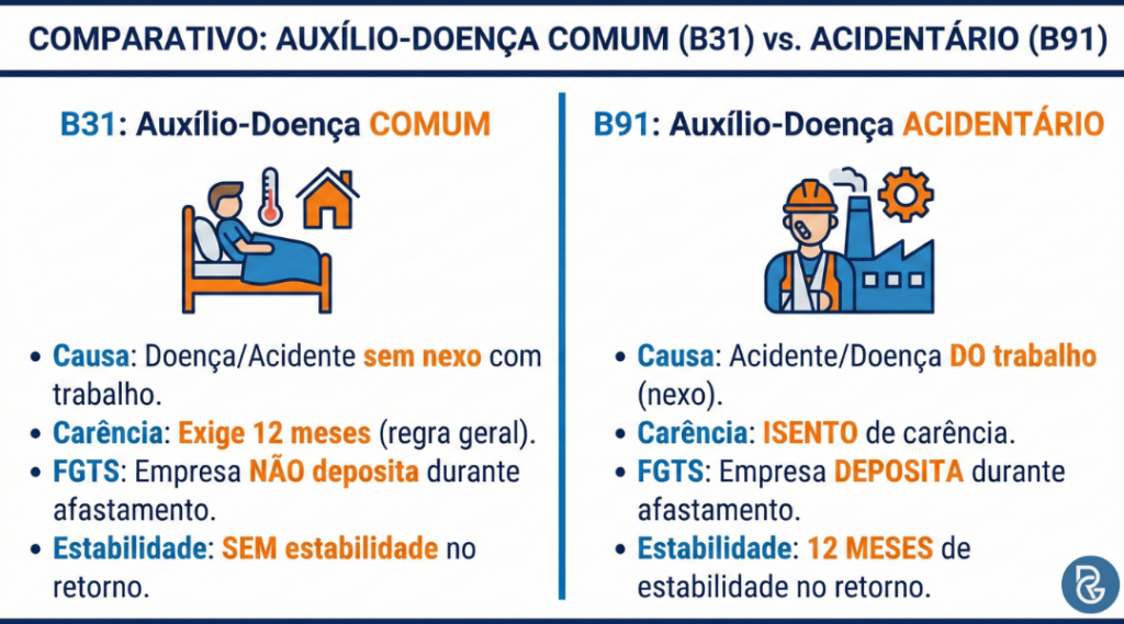 Diferença entre auxílio-doença comum e auxílio-doença acidentário (B31 x B91)